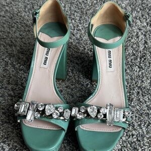 Miu Miu Green Satin Peep-Toe Heels